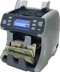 Heavy Duty Commercial CIS Currency Counter With Touchscreen Interface, gray machine counting bills, hopper in use with US currency.