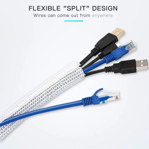 Cable Sleeve Six Point Six Feet Cord Cover For Home Office And TV Wires White No Fuss Pet Proof Cord Protector showing split design.