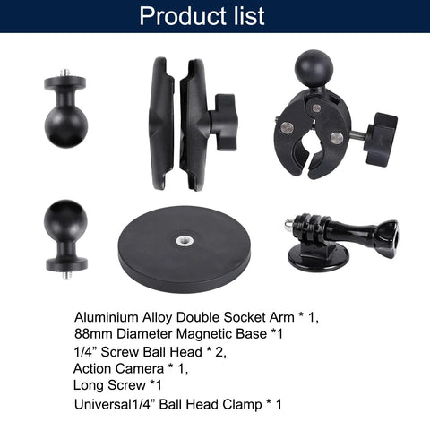 "Dope Motorcycle Handlebar Magnetic Mount Kit For Action Cameras With 1/4 Inch Thread 360 Degree Rotating Ball Head Clamp Durable GoPro And Insta360 Mounts Works With X3 X4 X5 And GoPro Hero 13 12 11 10 9 8" components shown in product list, including aluminum alloy double socket arm and magnetic base.