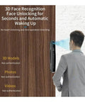 Built Tight Smart Door Lock Featuring Fast Swipe Fingerprint Sensor And Reliable 3D Facial Match For Smooth Wifi App Setup Plus Tough Keypad Access for face unlocking demonstration.