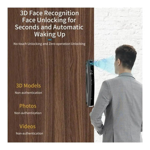 Built Tight Smart Door Lock Featuring Fast Swipe Fingerprint Sensor And Reliable 3D Facial Match For Smooth Wifi App Setup Plus Tough Keypad Access for face unlocking demonstration.