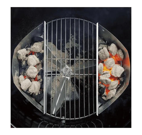 Heavy Duty Plated Steel Grill Tool Holder Hooks For 18.5 Inch And 22.5 Inch Charcoal Grills Keeps Tongs Spatula And Cooking Tools Within Reach On The Kettle with lit charcoal close up view