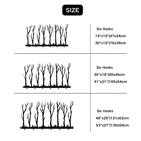 Size chart of Rustic Winter Tree Grove Metal Wall Hooks with measurements for six hook designs in various dimensions.