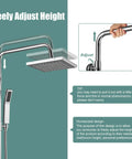 Dope Polished Chrome Exposed Shower System With 8 Inch Square Rainfall Shower Head And Hand Sprayer Wall Mounted Solid Brass Construction Corrosion Resistant Multi Function Bathroom Shower Set showcasing adjustable height feature.