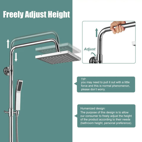 Dope Polished Chrome Exposed Shower System With 8 Inch Square Rainfall Shower Head And Hand Sprayer Wall Mounted Solid Brass Construction Corrosion Resistant Multi Function Bathroom Shower Set showcasing adjustable height feature.