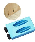 Essential 14 Piece Pocket Hole Jig Drill Kit With 15 Degree Dowel Joinery Set detail showing pocket joints and blue jig block.