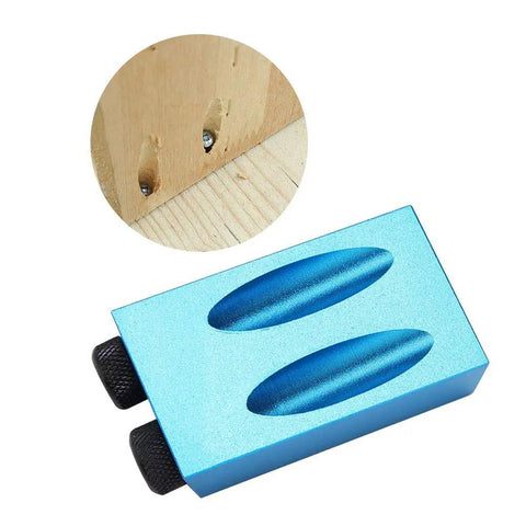 Essential 14 Piece Pocket Hole Jig Drill Kit With 15 Degree Dowel Joinery Set detail showing pocket joints and blue jig block.