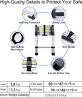 Diagram of Lightweight Aluminum Telescoping Ladder, 14.5 Ft Extension, Collapsible Folding Ladder With Wide Anti Slip Steps, features labeled
