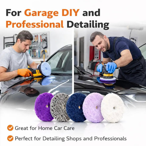 Kick Serious Shine With This 6 Inch Wool Cutting And Polishing Pad Set Hook And Loop Design Slaps Tight On 5 Inch Backing Plates For Car Paint Correction And Swirl Removal Delivers Great Bang For Buck And Smooth Buffing On Any Auto Polisher, with detailers using pads on a car.