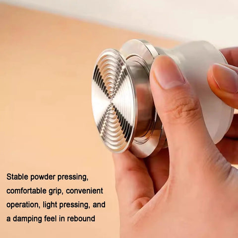 Top Shelf Hella Smooth 58Mm Stainless Steel Espresso Tamper Set With Spring Loaded Impact Hammer And Dual Needle Paddle Wdt Coffee Distributor For 58Mm Portafilter White, close-up of ergonomic handle.