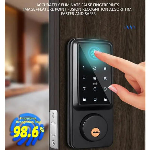 Waterproof Smart Deadbolt Lock For Home Featuring Biometric Fingerprint Digital Keypad in use with fingerprint scan on a wooden door.