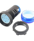 Ten Pack Multi Color LED Indicator Light 12V AC DC 22mm Panel Mount housing with blue cap and screw clamp connection, parts view