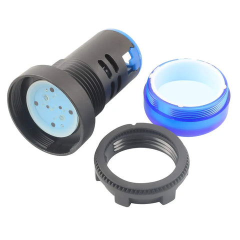 Ten Pack Multi Color LED Indicator Light 12V AC DC 22mm Panel Mount housing with blue cap and screw clamp connection, parts view