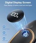 Neck Fan Portable Personal Cooling Device With 5000mAh Rechargeable Battery with LED display showing 100% battery level