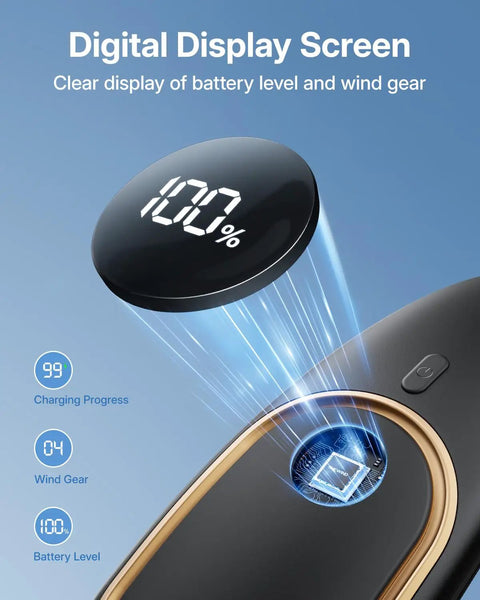 Neck Fan Portable Personal Cooling Device With 5000mAh Rechargeable Battery with LED display showing 100% battery level