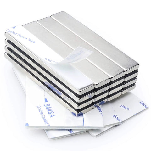 16-pack neodymium bar magnets with double-sided adhesive, 60 x 10 x 3 mm, silver.