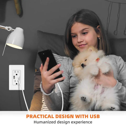 Dual USB Wall Outlet 24W 4.8A Fast Charge USB A Ports With 15 Amp Receptacle And Included Wall Plate UL Listed 120V White 10 Pack Power Hub For Phones Tablets And More