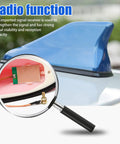 Shark Fin Antenna Cover With Adhesive Tape Universal Roof Aerial Base No Drill Needed For AM FM Radio Signals Fits Cars SUVs Trucks Black Easy Install Exterior Car Accessory showing magnified internal signal receiver.