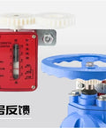 Gate valve signal box set, two items: red signal box with scale switch and white hand wheel, blue valve wheel assembly