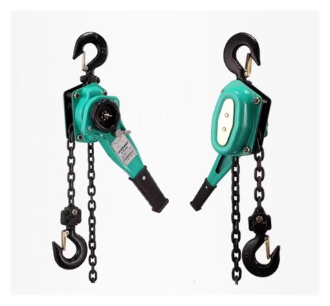 Solid 2 Ton Lever Block Hoist Trolley Chain Block with dual hooks and chains for heavy lifting job sites.