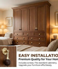 Gold Pendant Knobs Set 12 Pack for Cabinets and Furniture on wooden cabinet, elegant drop handles.