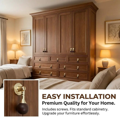 Gold Pendant Knobs Set 12 Pack for Cabinets and Furniture on wooden cabinet, elegant drop handles.