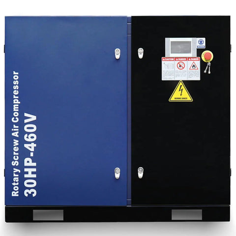 Heavy Duty 30HP Rotary Screw Air Compressor, 123 CFM At 125 PSI With 460V 3 Phase Power. Built For Continuous Industrial Use In Manufacturing Plants And Factories. Reliable Screw Compressor System Delivering Stable High Volume Airflow For CNC Machines