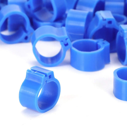 Close-up of blue 10mm plastic pigeon leg clip rings showing 200 Pcs 10mm Pigeon Leg Clip Rings for Poultry Foot Identification Easy Install No Fuss