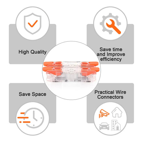 Heavy Duty Lever Wire Connectors Push In Electrical Nuts UL Certified For Secure Home Wiring Projects Quick Splice And Safe Connections That Are Totally Rad. 24 pc orange clear connectors
