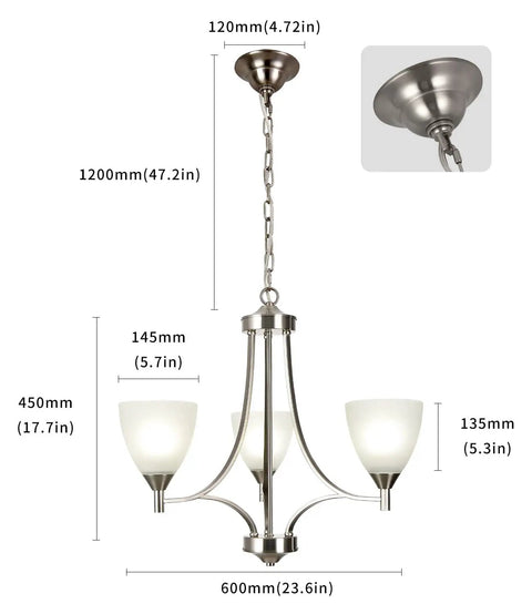 Three Light Dope Sleek Contemporary Chandelier In Brushed Nickel With White Glass Shades Modern Ceiling Hanging Pendant Lighting dimensions