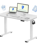 One Piece Standing Desk 48 By 24 Inch Seamless Desktop With Electric Height Adjustment For Home Office Boss Level Multi Monitor Setup And Easy Assembly White