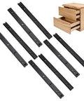 Four Piece Shop Grade Heavy Duty Steel Soft Close Drawer Slides 11 Inch Full Extension Side Mount Rails on display with drawers.