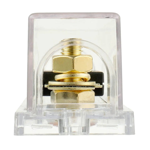Heavy Duty ANL Fuse Holder And 250 Amp Gold Plated Fuses Badass Circuit Protection Plug And Play Car Audio Setup front view with clear cover.