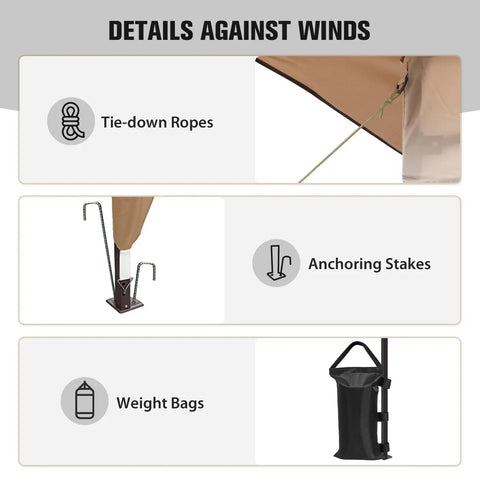 Details of Pop Up Gazebo 11x11 Instant Canopy Tent With Mesh Netting, featuring tie-down ropes, anchoring stakes, and weight bags.