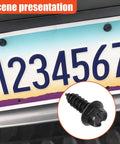 Heavy Duty Car License Plate Screw Kit With Nylon Insert Stainless Steel Self Tapping Bolts securing a vehicle's license plate.