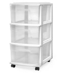 Three Tier Rolling Storage Cart With Removable Wheels In White Frame, Clear Bin Drawers, Portable Plastic Organizer