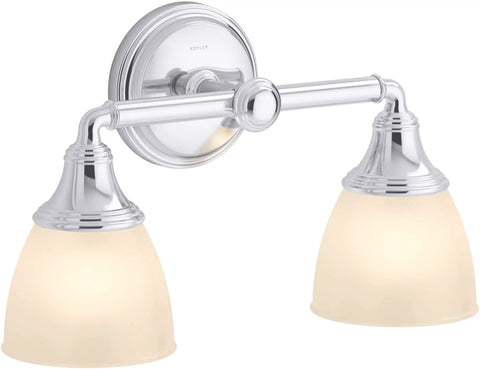 Devonshire Two Light Bathroom Vanity Light Fixture, Wall Sconce With Frosted Glass Shades, Up Or Down Position, UL Listed, Chrome Finish
