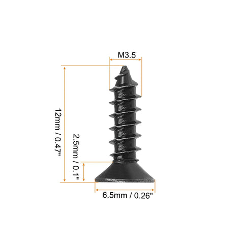 Heavy-Duty M3.5 x 12mm Wood Screws With Phillips Flat Head And Solid Carbon Steel Core, black oxide finish, self-tapping