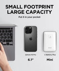 Laptop, iPhone 16 Pro 6.1 inch, and U Battery Plus Mini on desk illustrating size comparison and portability.