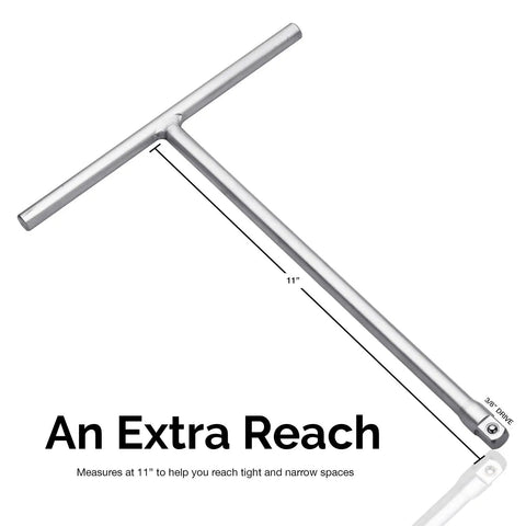 Three Eighths Inch Drive T Handle Wrench With Long Reach showing 11-inch measurement for tight spaces use