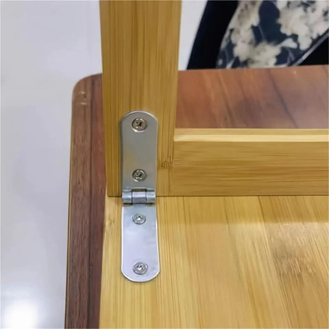 Close-up of a 30 Piece Stainless Steel Folding Hinges 180 Degree Flip Cover Hinge Kit on a wooden cabinet corner