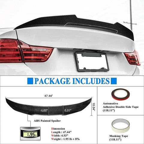 Totally Rad Carbon Fiber Look Rear Trunk Spoiler Wing For 2014 To 2020 BMW 4 Series, shown mounted on a white car.