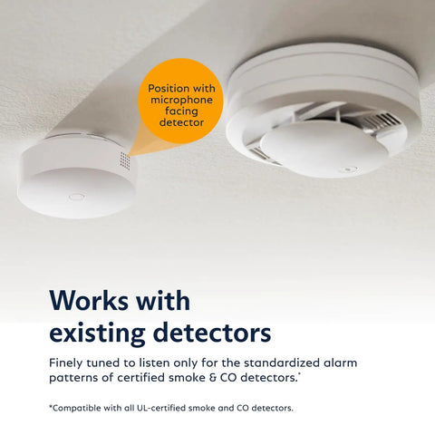 No Sweat Smoke And Carbon Monoxide Alarm Listener mounted near smoke detector, featuring microphone for accurate monitoring.