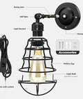 Close-up of Two Pack Plug In Wall Sconces Set Industrial Wire Cage Black Farmhouse Vintage Wall Lighting with accessories shown.