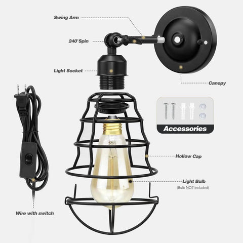 Close-up of Two Pack Plug In Wall Sconces Set Industrial Wire Cage Black Farmhouse Vintage Wall Lighting with accessories shown.