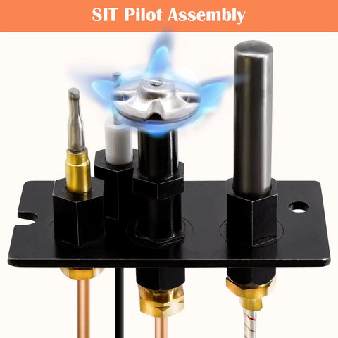 SIT pilot assembly front view mounted on black plate with three brass/copper gas fittings.