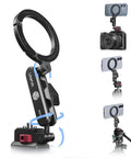 Aluminum Magnetic Phone Tripod Mount MA56 With 1/4 Inch Screw And Arca Base, shown with adjustable holder and smartphone attachments.