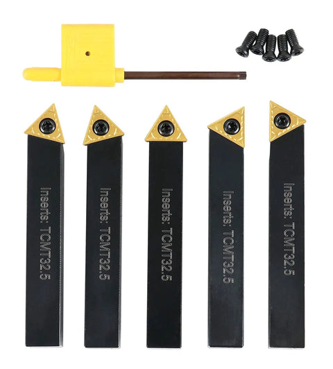 Half Inch 5 Pc Indexable Turning Tool Set With TCMT Inserts, Torx Screws And Keys, Fitted Case, One Half Inch Shank Lathe Tooling Kit For Precision Machining And Versatile Tool Holders