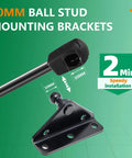 Heavy Duty 10mm Ball Stud Mounting Brackets For Gas Struts 4 Piece Galvanized Steel Kit With 16 Screws showing 10mm ball stud and bracket.
