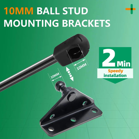 Heavy Duty 10mm Ball Stud Mounting Brackets For Gas Struts 4 Piece Galvanized Steel Kit With 16 Screws showing 10mm ball stud and bracket.